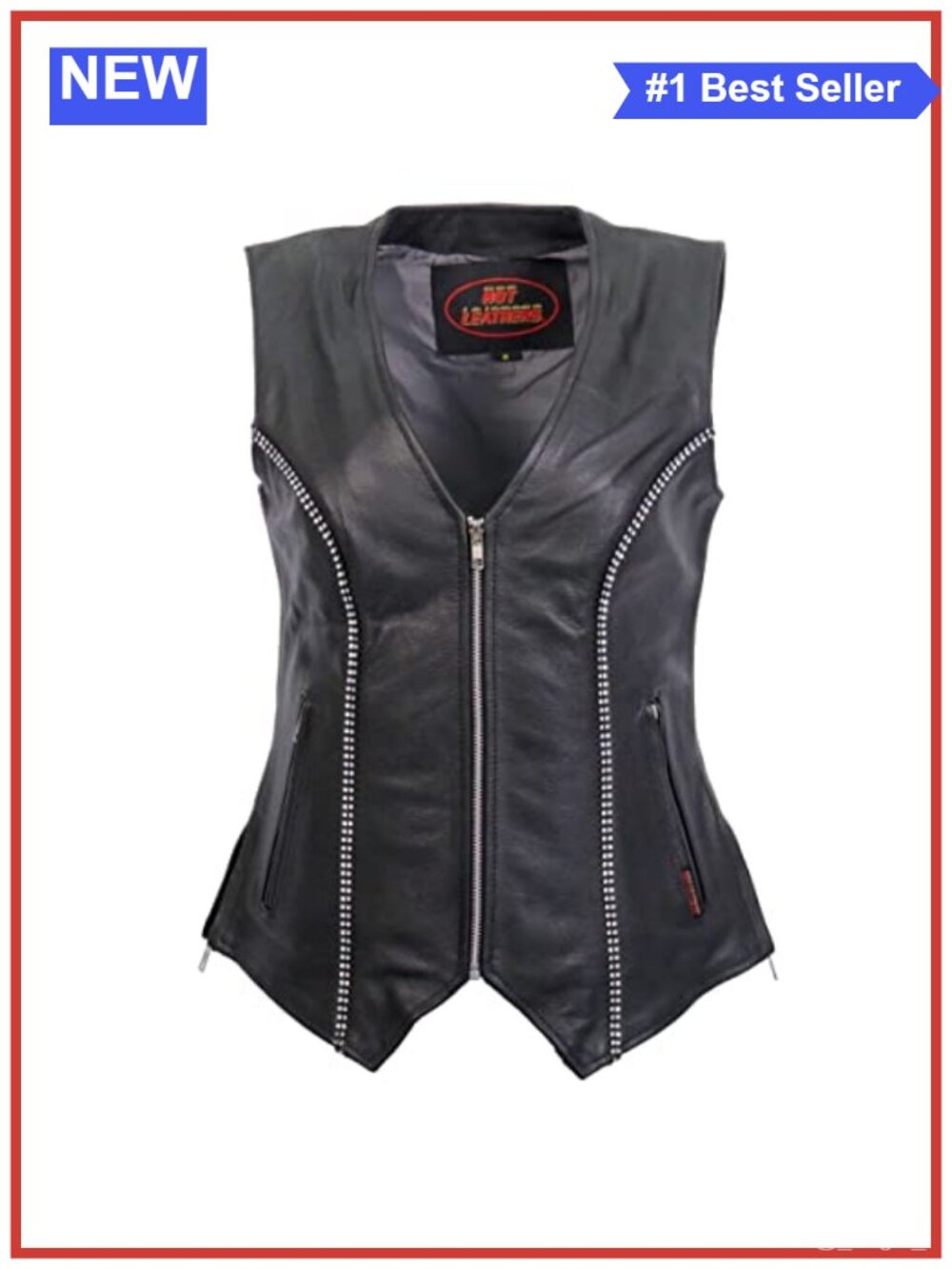 Leather Motorcycle Vest Rhinestone Accents Zipper Closure